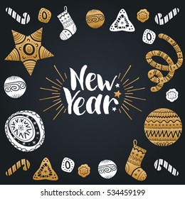 Vector handwritten New Year lettering with festive decorations. Happy Holidays typography for greeting card template or poster concept.
