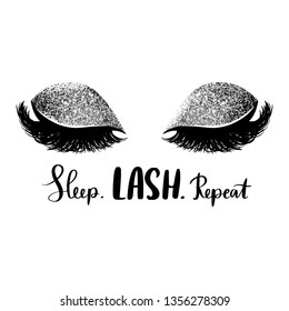 Vector Handwritten quote. Calligraphy phrase for beauty salon, lash extensions maker, decorative cards, beauty blogs. Closed eyes. Glitter eyeshadow. Fashion makeup drawing