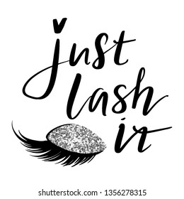 Vector Handwritten quote. Calligraphy phrase for beauty salon, lash extensions maker, decorative cards, beauty blogs. Closed eyes. Glitter eyeshadow. Fashion makeup drawing