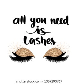 Vector Handwritten quote. Calligraphy phrase for beauty salon, lash extensions maker, decorative cards, beauty blogs. Closed eyes. Glitter eyeshadow. Fashion makeup drawing