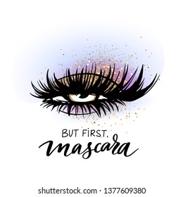 Vector Handwritten quote. Calligraphy phrase for beauty salon, lash extensions maker, decorative cards, beauty blogs. Closed eyes. Glitter eyeshadow. Fashion makeup drawing