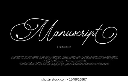 Vector Handwritten Script Font and Alphabet. Calligraphic decorative abc isolated on white background. Lettering for designs: banner, poster, greeting card, invitation.