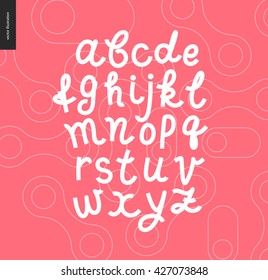 Vector handwritten script Latin alphabet on the red outlined shapes patterned background
