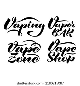 conjunto manuscrito vectorial de cuatro inscripciones caligráficas Vaping, Vape zone, Vape shop, Vapor bar