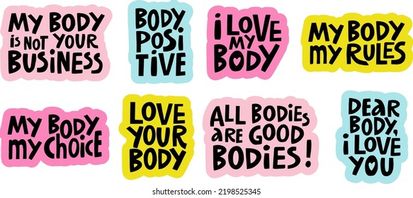 Vector handwritten set of inscriptions on the theme of body positivity and love for your body in the form of stickers