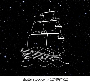 Vector handwritten ship sailing across space starry sky