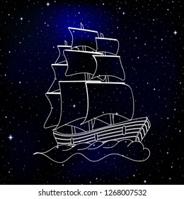 Vector handwritten ship sailing across  starry sky in deep space