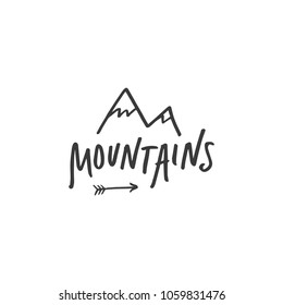 Vector handwritten sign, minimal mountains art. Travel sticker for planner and other. Clipart. Isolated.