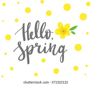 Vector hand-written spring brush lettering. Hello spring. Spring green ink floral elements on white isolated background.