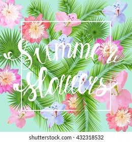 vector Handwritten summer flowrs lettering.  summer flowersvector illustration. Hand lettering summer typography poster. Summer banner.