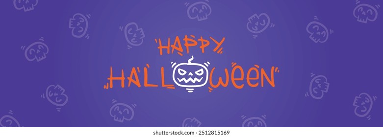 Vector texto escrito a mano Feliz Halloween. Dibujado a mano doodle calabaza blanca sobre fondo púrpura. Patrón de cráneo. Estilo de graffiti. Celebración de otoño. Fiesta de terror. Anuncio Horizontal para el Sitio web de vacaciones