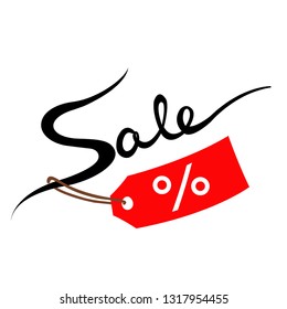 Vector handwritten text Sale. Hand lettering inscription with red tag  with % discount label symbol.