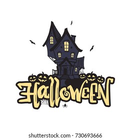 Vector handwritten type lettering of Halloween with hand drawn haunted house and pumpkins on white background