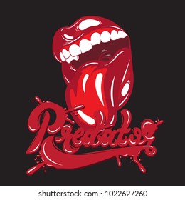 Vector handwritten unique lettering with drops of blood. Expressive hand drawn inscription with illustration of open mouth.  Template for card, poster, banner, print for t-shirt.