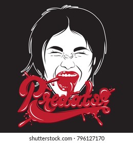 Vector handwritten unique lettering with drops of blood. Expressive hand drawn inscription with head of screaming girl.  Template for card, poster, banner, print for t-shirt.