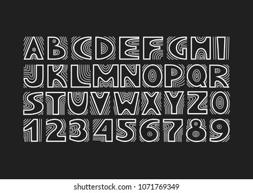 Vector handwritten uppercase artistic alphabet with concentric lines. Theme of tree structure, annual rings.