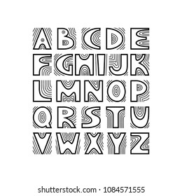 Vector handwritten uppercase artistic alphabet with concentric lines. Theme of tree structure, annual rings.