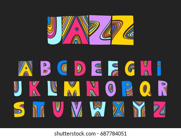 Vector handwritten uppercase artistic colorful alphabet. For design of music posters, festivals, placards, CD covers.