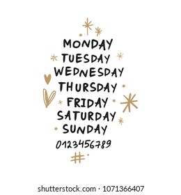 Vector handwritten week days and symbols set. Brush font. Stickers for planner and other. Clipart. Isolated.