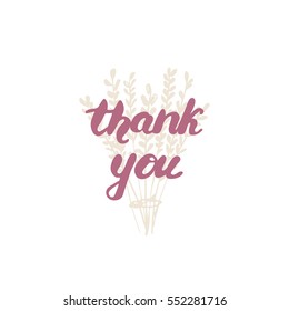 Vector handwritten word "Thank you" with hand drawn floral element on background.
