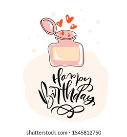 Vector Handwritting Happy Birthday calligraphic lettering text for greeting card with hand drawn sweet jar with hearts for Valentines Day. illustration