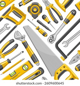 Vector Handyman Tools seamless pattern, decorative background with collection of flying handyman tools for wrapping paper, square placard with group of flat lay variety work tools on white background