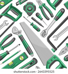 Vector Handyman Tools seamless pattern, decorative background with collection of flying handyman tools for wrapping paper, square cover with group of flat lay different hand tools on white background