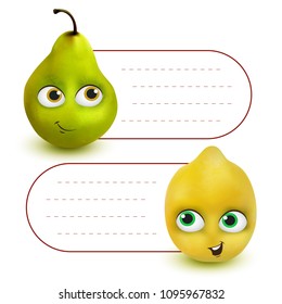Vector hang tag labels or stickers with place for your text and cute Lemon and Pear cartoon mascot characters isolated on white background. Perfect to use in advertising, graphic or web design