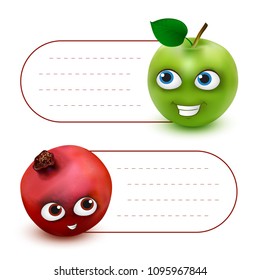 Vector hang tag labels or stickers with place for your text and cute Green Apple and Pomegranate cartoon mascot characters isolated on white background. Perfect to use in advertising or web design
