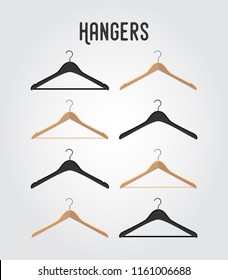 Vector hanger collection - wooden, plastic for different clothes. Device for hanging shirts, trousers.