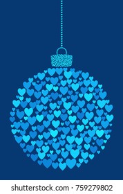 Vector hanging abstract Christmas ball consisting of heart icons on blue background