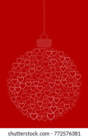 Vector hanging abstract Christmas ball consisting of line heart icons on red background
