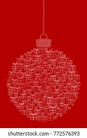 Vector hanging abstract Christmas ball consisting of line gift box icons on red background