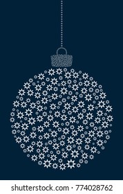 Vector hanging abstract Christmas ball consisting of line asterisk, flower icons on dark blue background