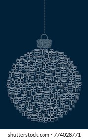 Vector hanging abstract Christmas ball consisting of line gift box icons on dark blue background