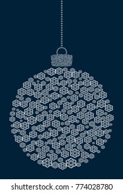 Vector hanging abstract Christmas ball consisting of line snowflake icons on dark blue background