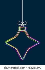 Vector hanging abstract colorful Christmas ball on a string with a bow consisting of multicolored outlines on dark blue background