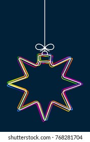 Vector hanging abstract colorful Christmas ball on a string with a bow consisting of multicolored outlines on dark blue background