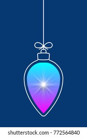 Vector hanging abstract colorful Christmas ball on a string with a bow consisting of multicolored gradient & snowflake, star on blue background