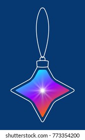Vector hanging abstract colorful Christmas ball on a string consisting of multicolored gradient & snowflake, star on blue background