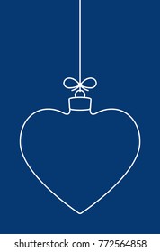 Vector hanging abstract simple line Christmas ball on a string with a bow on a blue background