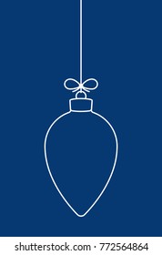 Vector hanging abstract simple line Christmas ball on a string with a bow on a blue background