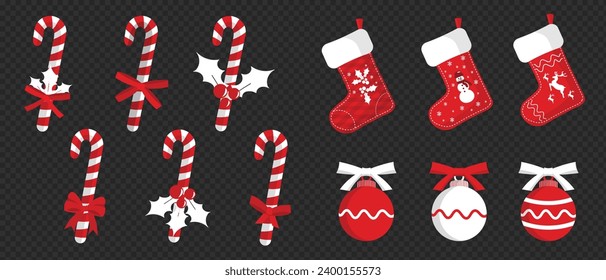 Bolas vectoriales colgantes, Candy colgando calcetines y Candy Canes con arcos de cinta roja y bayas de color blanco, decoraciones navideñas Set Decorative Special Elements in Red and White Colours.