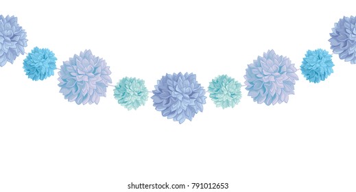 Vector Hanging Blue Bay Boy Birthday Party Paper Pom Poms Set Horizontal Seamless Repeat Border Pattern. Great for handmade cards, invitations, wallpaper, packaging, nursery designs.