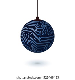 Vector hanging Christmas ball isolated. Digital electronic circuit board decoration.