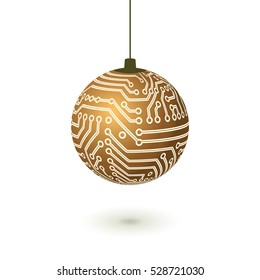 Vector hanging Christmas ball isolated. Digital electronic circuit board golden decoration.