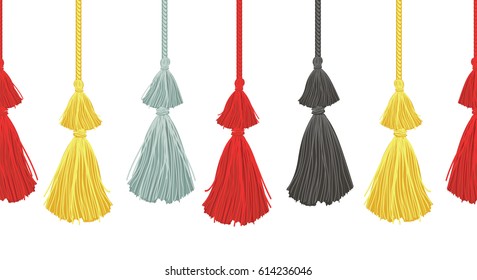 Vector Hanging Decorative Tassels Set With Ropes Horizontal Seamless Repeat Border Pattern. Great for handmade cards, invitations, wallpaper, packaging, nursery designs.