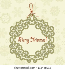vector hanging frame with christmas greetings on seamless pattern with snowflakes, fully editable eps 10 file with transparency effects