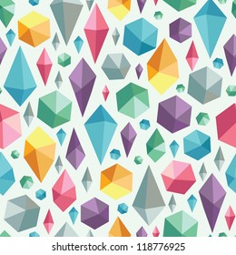 Vector hanging geometric shapes on colorful seamless pattern background.