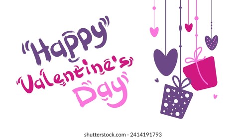 Vector Hanging gift boxes and hearts by Valentine day. Wallpaper with lettering. Background in flat style. For greeting card, logo, sale, product, design